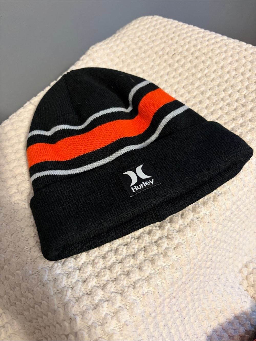 Hurley Black Beanie with Orange and Gray Stripes - Youth